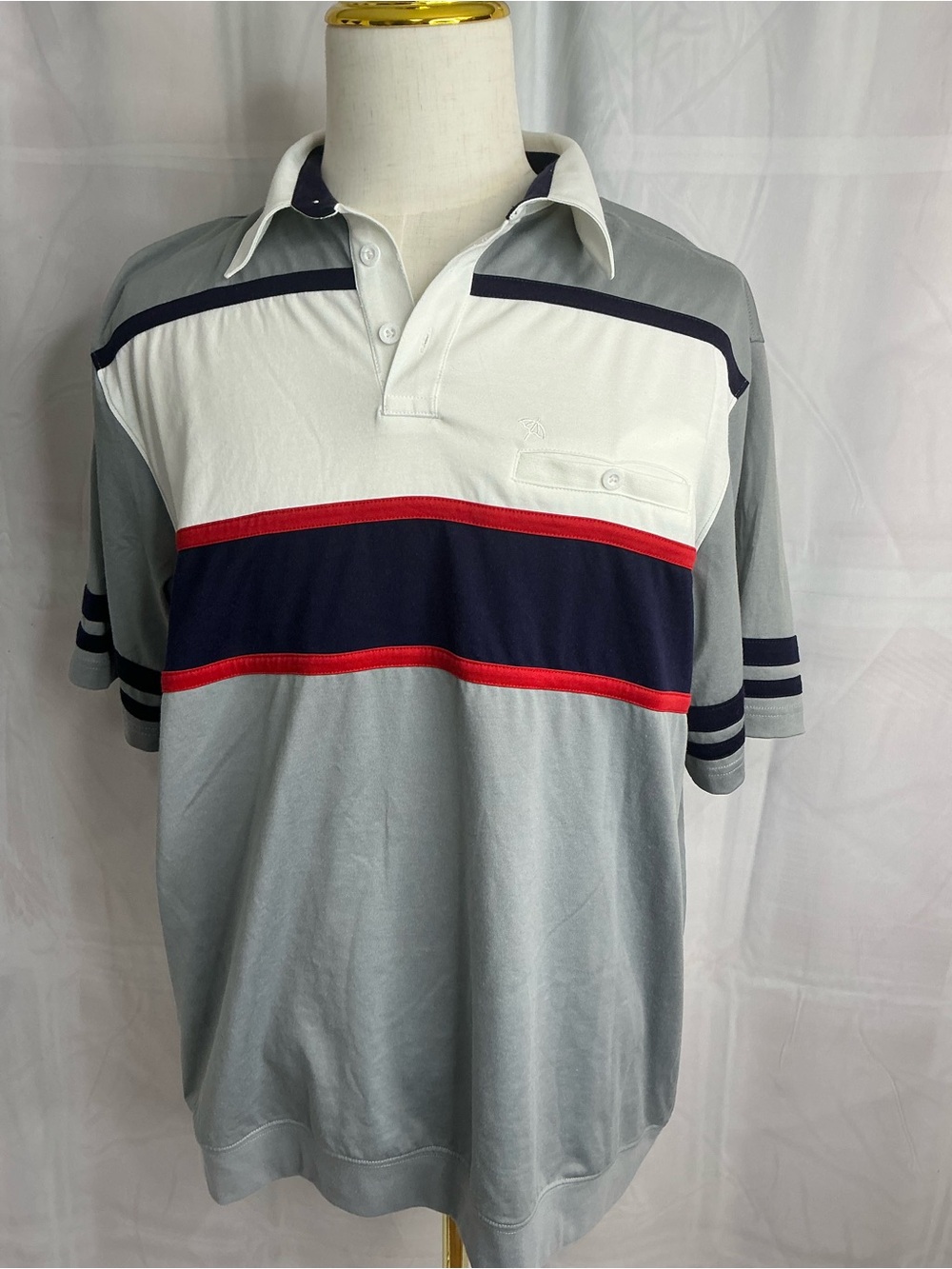 2305 - Arnold Palmer Men's Easy Care Striped Polo Shirt Size XL Grey Red Navy